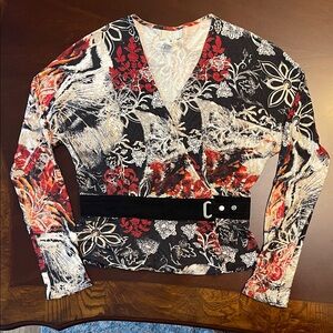 Akalia Red and Black Floral Wrap Blouse with attached belt